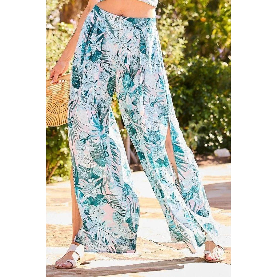 Back Elastic Waist Band Side Pockets Pleat Side Open Slit Tropical Print Pants