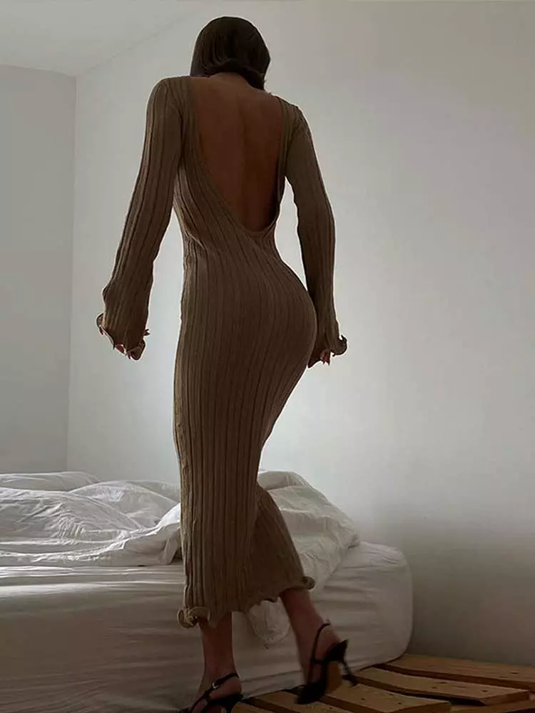 Backless Flare Sleeves Sexy Knitted Long Dress For Women