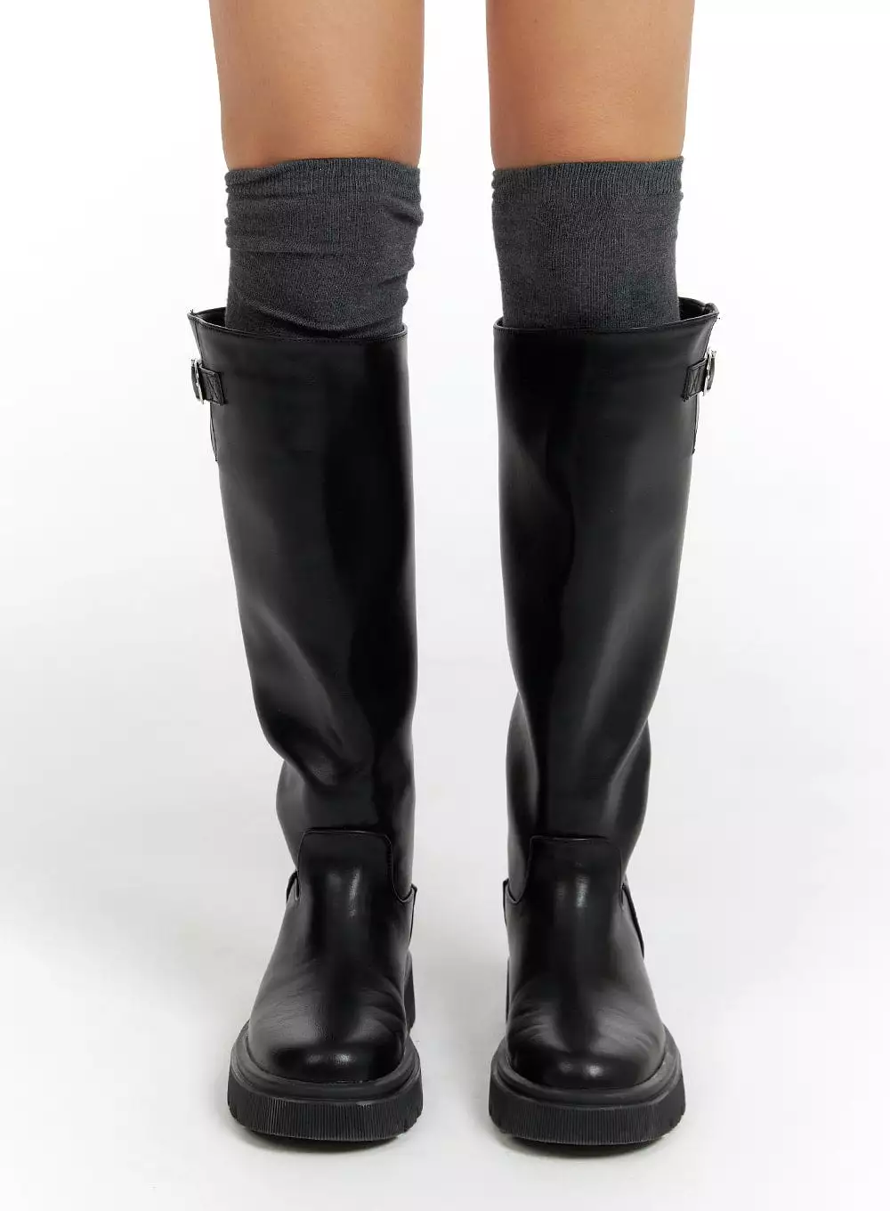 Basic Faux Leather Buckle Knee-High Boots CF416