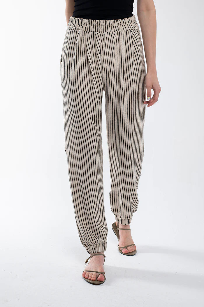 Bee And Alpaca Striped Linen Pants With Elastic Legs