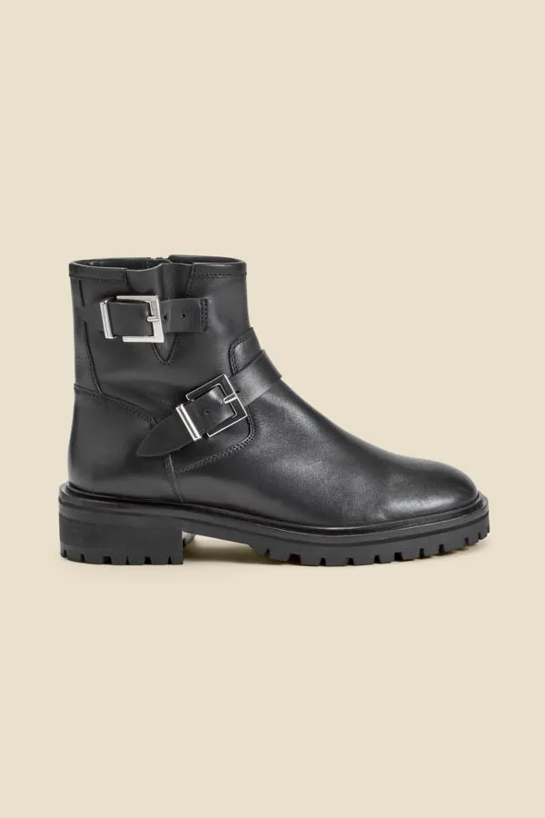 Black Leather Buckle Detail Biker Boots