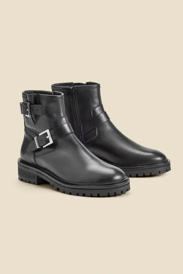 Black Leather Buckle Detail Biker Boots