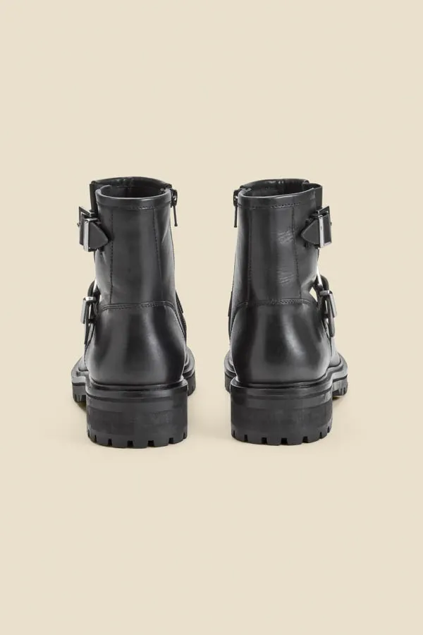 Black Leather Buckle Detail Biker Boots