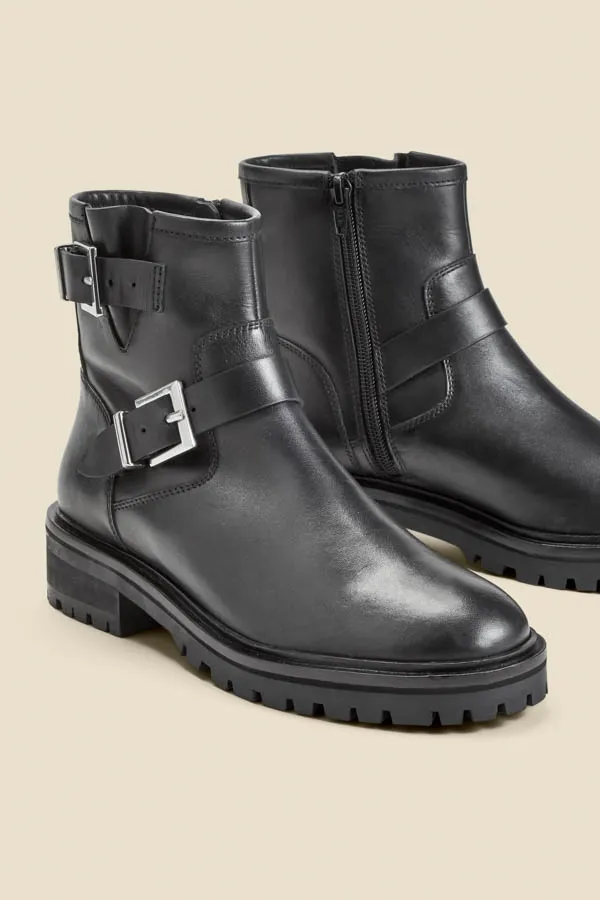 Black Leather Buckle Detail Biker Boots