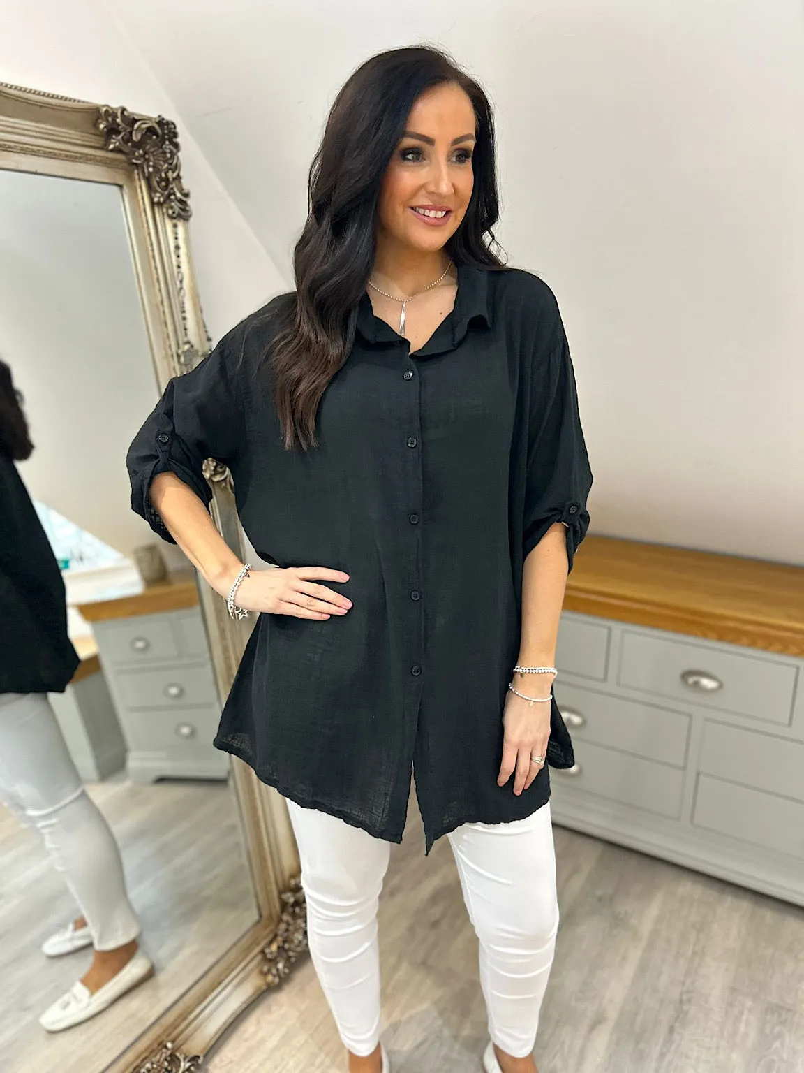 Black Lightweight Button Sleeve Shirt Natasha