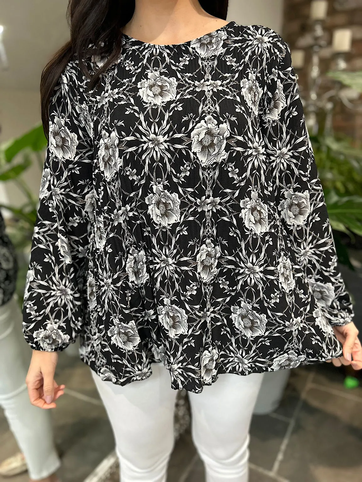 Black Multi Flower Print Pleated Blouse Evie