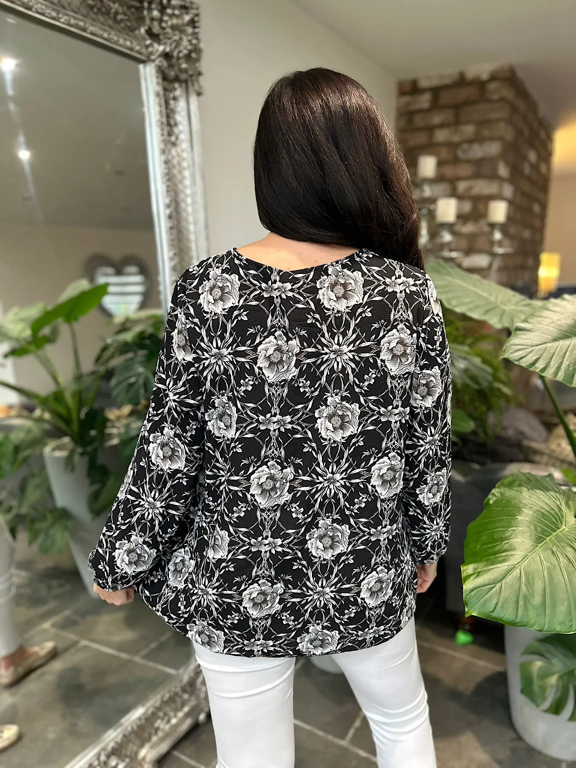 Black Multi Flower Print Pleated Blouse Evie