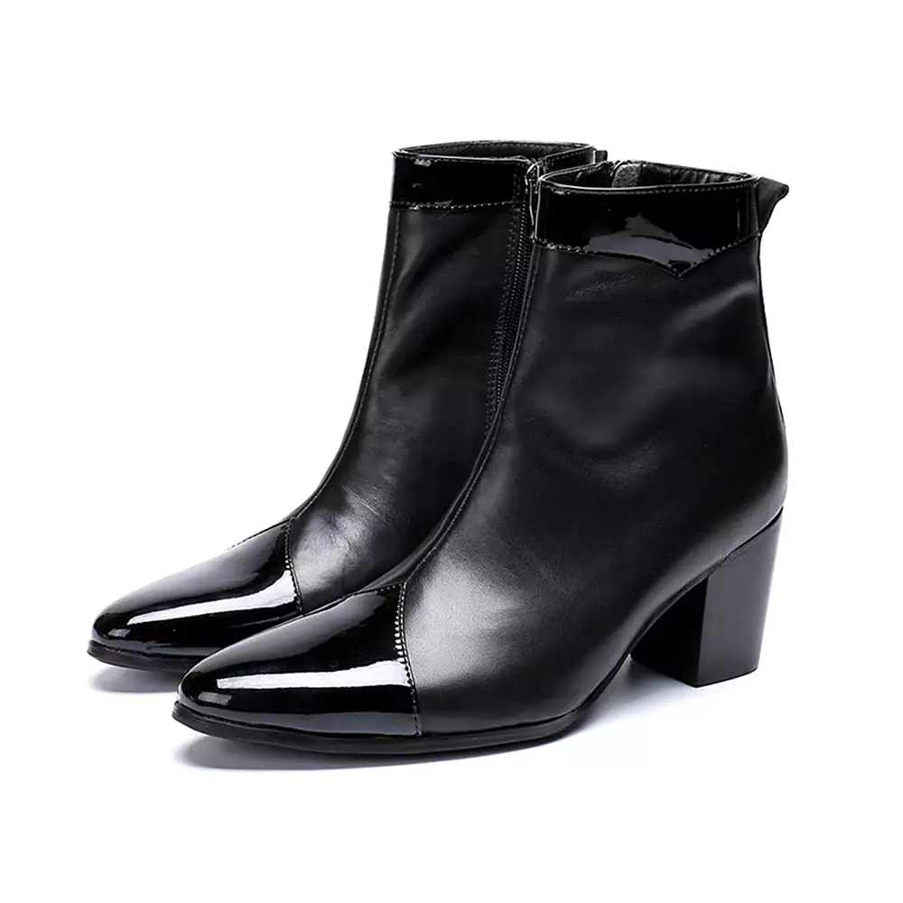 Black Patchwork GenuineLeatherThick HighHeels PointedToe Zipper BootsMalePlusSizeBritish Style Party Men Dress Shoe