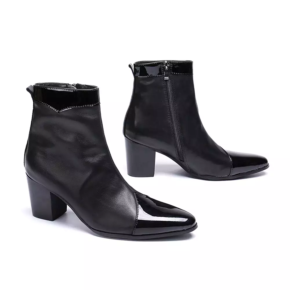 Black Patchwork GenuineLeatherThick HighHeels PointedToe Zipper BootsMalePlusSizeBritish Style Party Men Dress Shoe