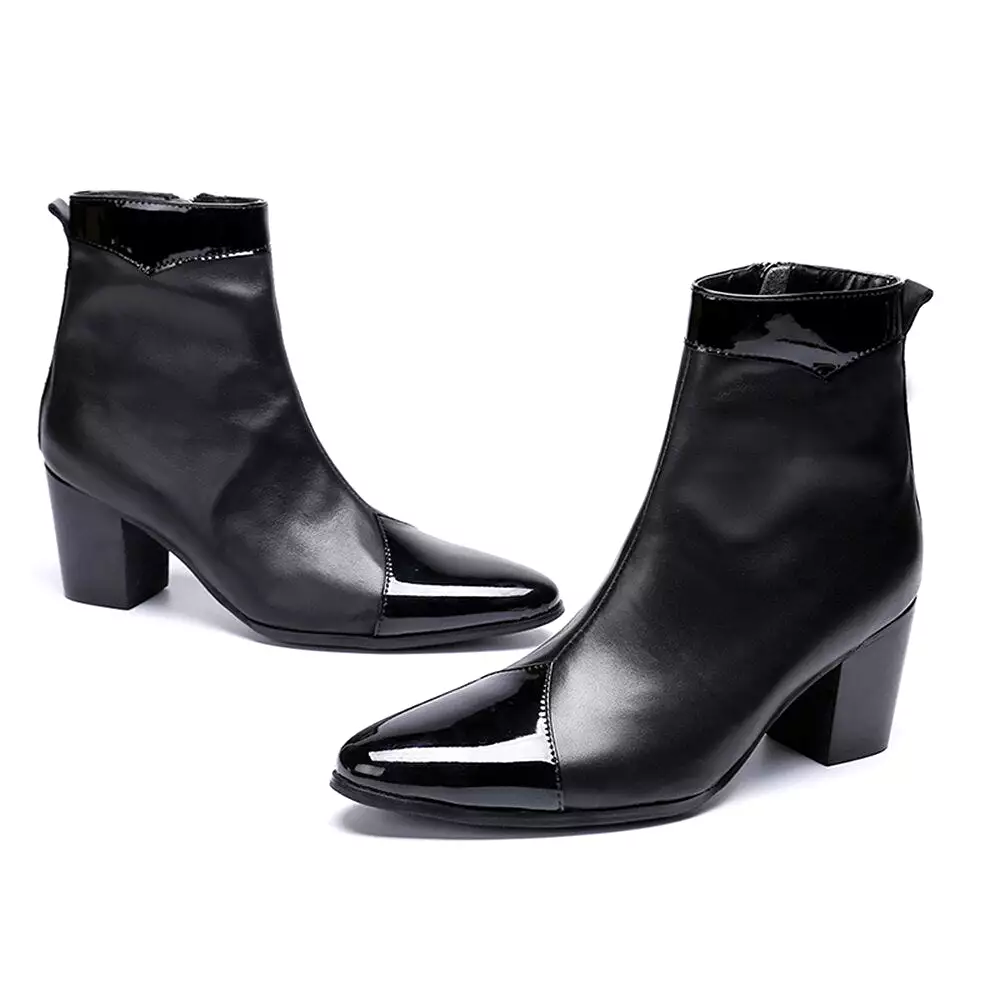 Black Patchwork GenuineLeatherThick HighHeels PointedToe Zipper BootsMalePlusSizeBritish Style Party Men Dress Shoe