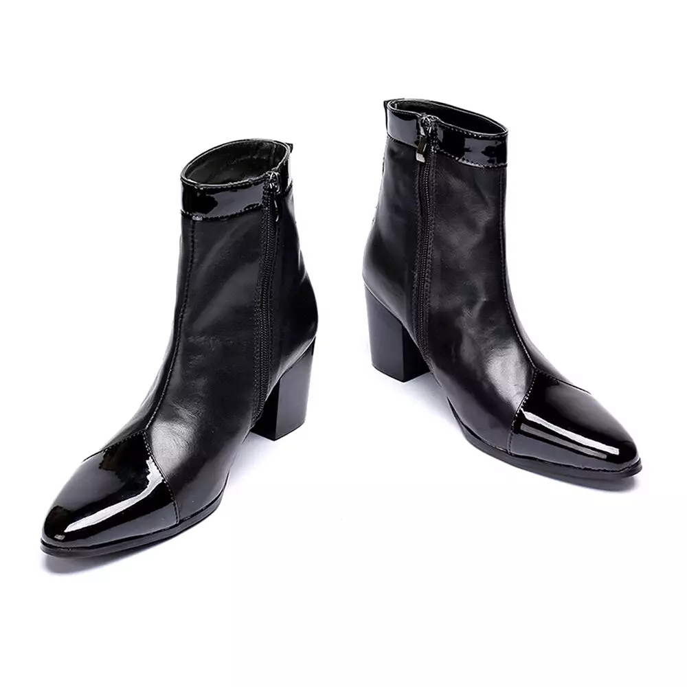 Black Patchwork GenuineLeatherThick HighHeels PointedToe Zipper BootsMalePlusSizeBritish Style Party Men Dress Shoe