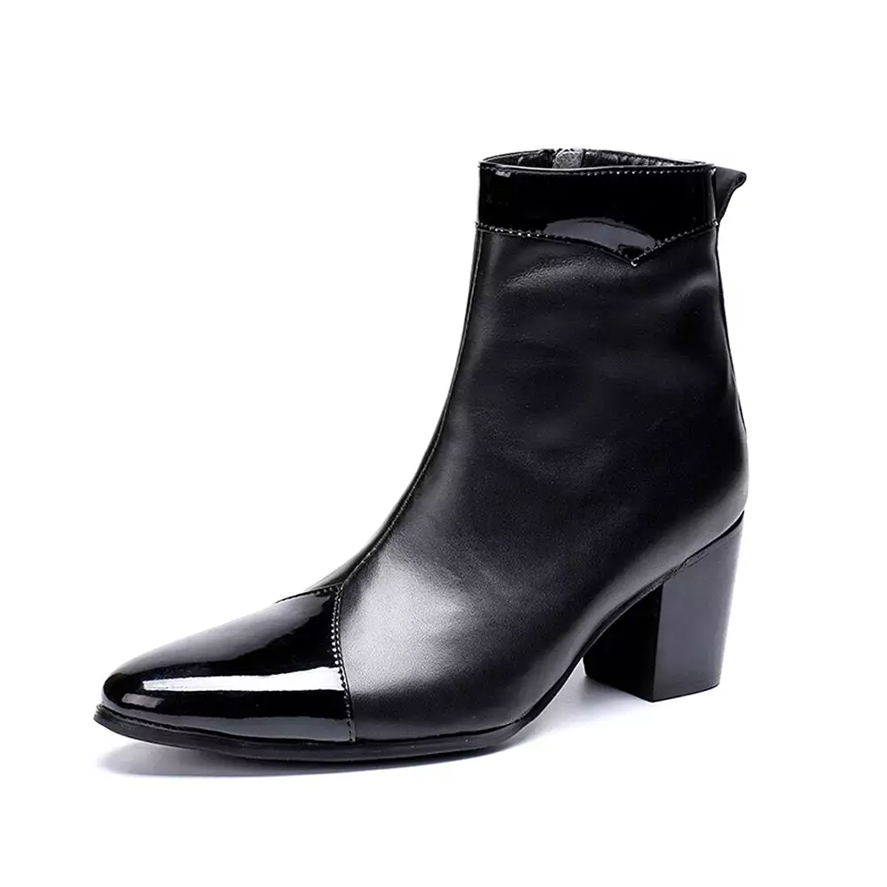 Black Patchwork GenuineLeatherThick HighHeels PointedToe Zipper BootsMalePlusSizeBritish Style Party Men Dress Shoe