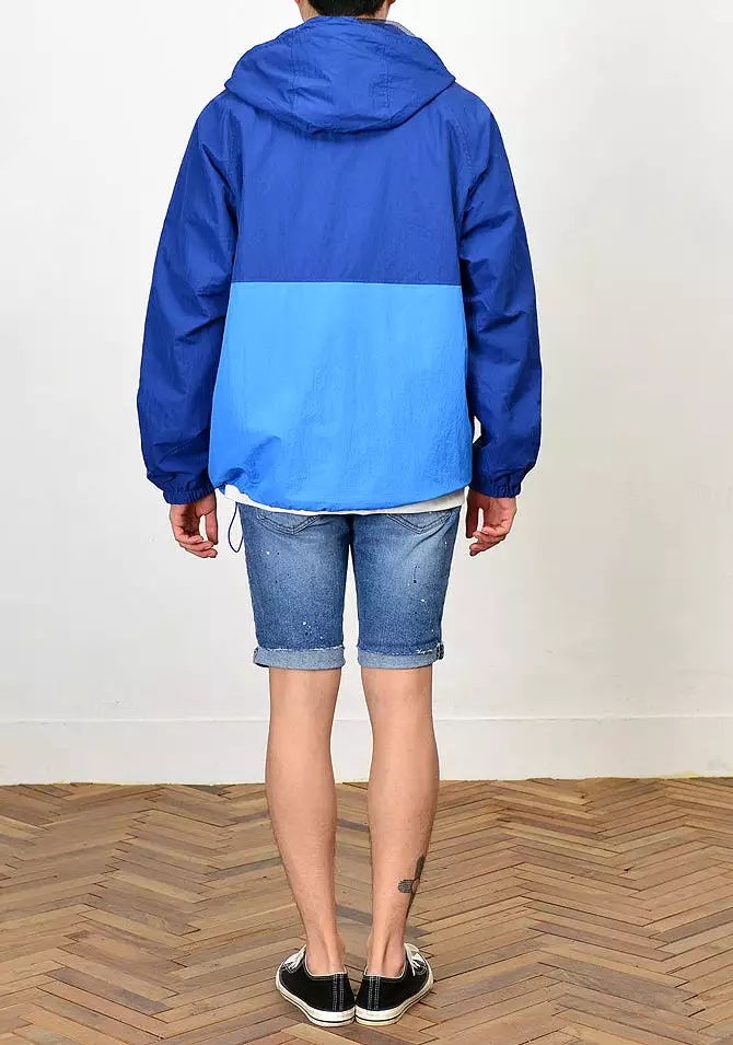 Blue Color Block Hooded Windreaker Jackets For Mens Hiphop Streetwear