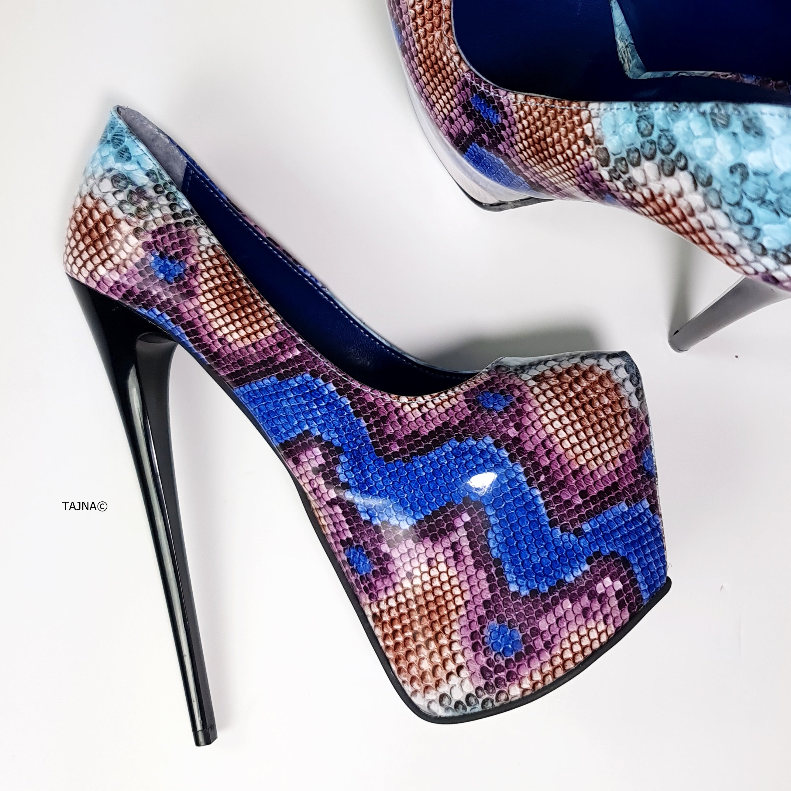 Blue Plum Snake Print High Heel Pumps