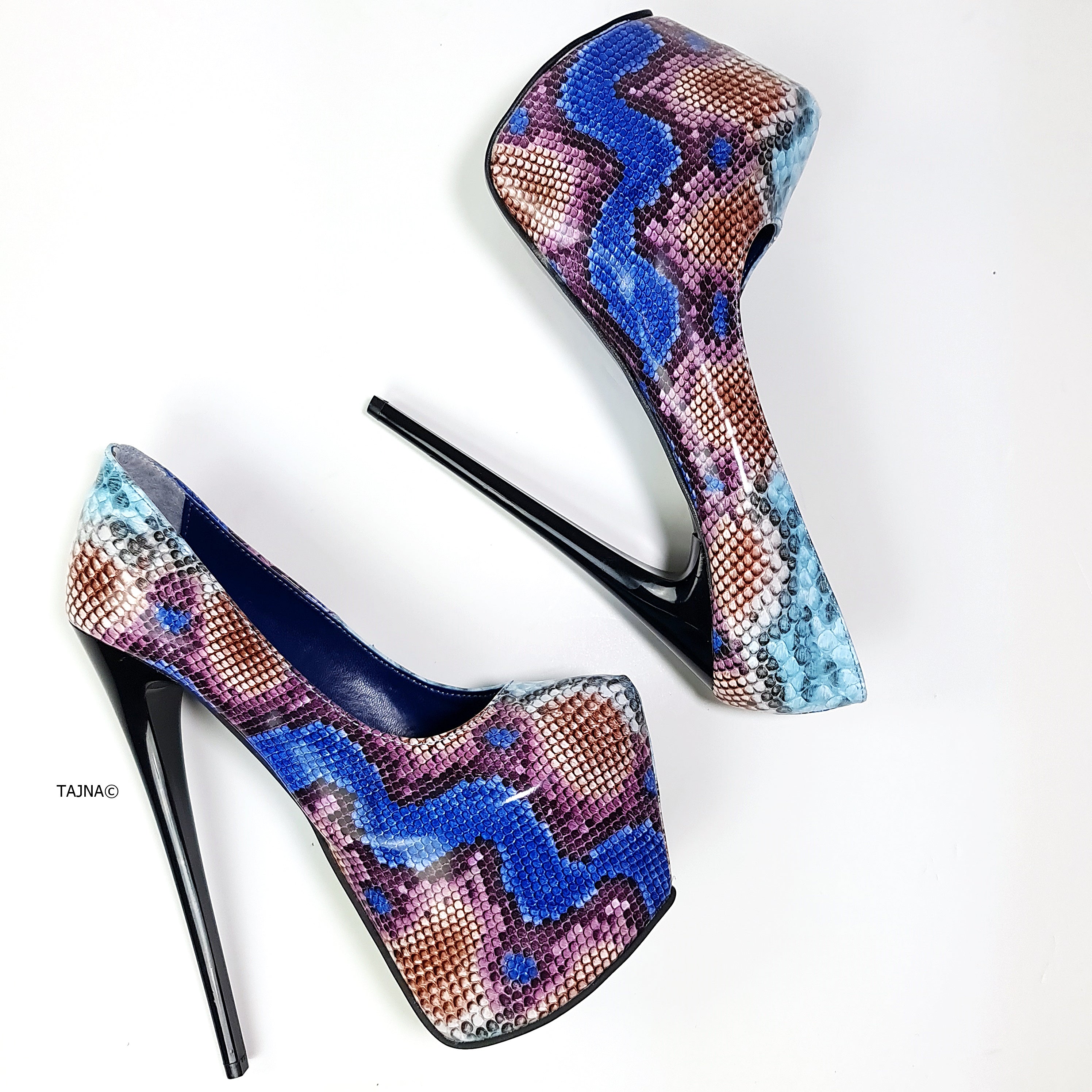 Blue Plum Snake Print High Heel Pumps