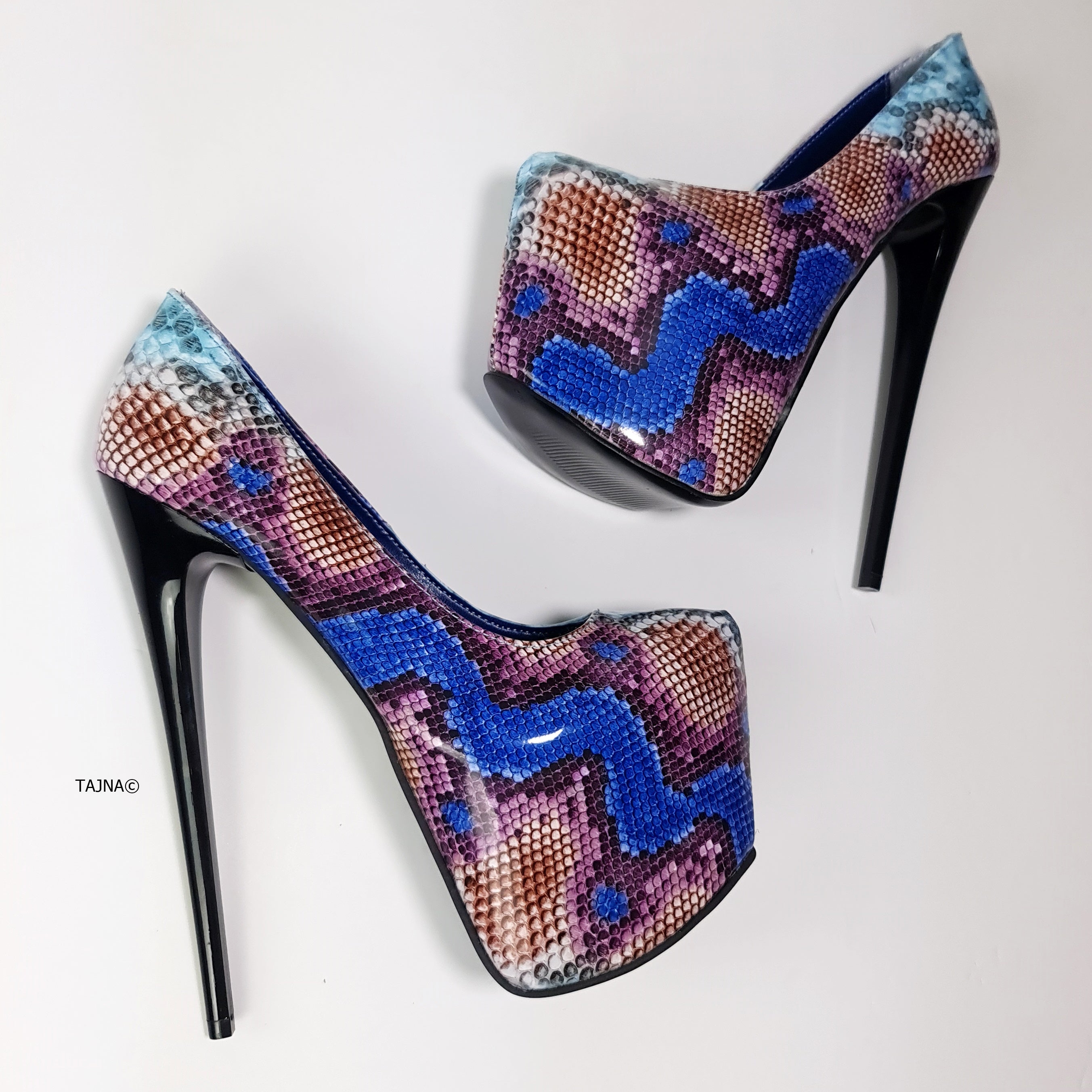 Blue Plum Snake Print High Heel Pumps