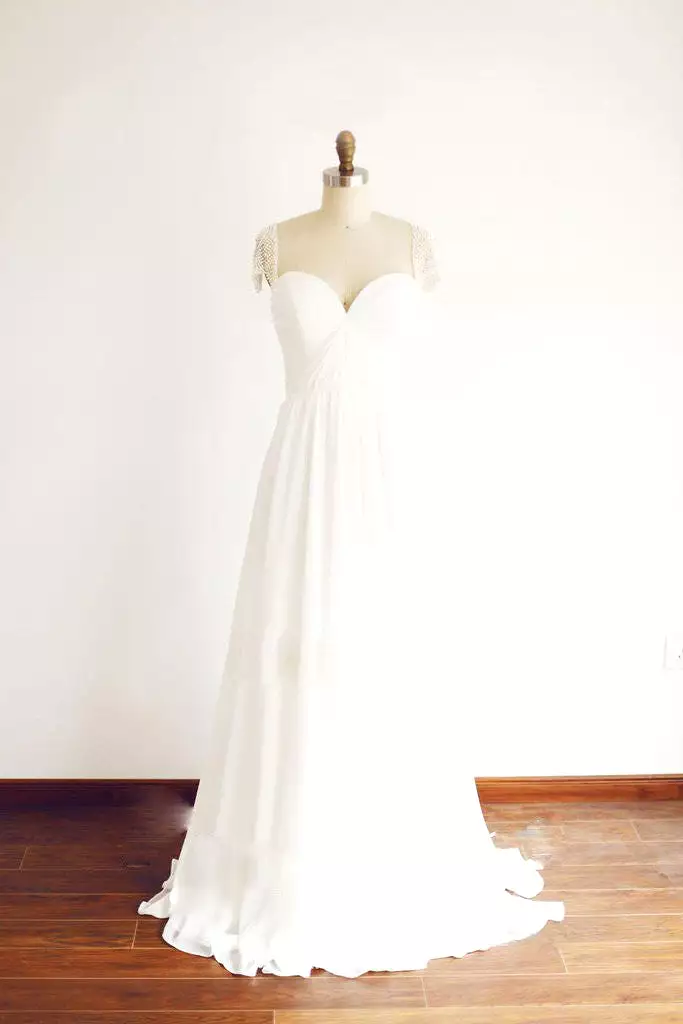 Cap Sleeve Floor Length Chiffon Beading Pleated Wedding Dresses