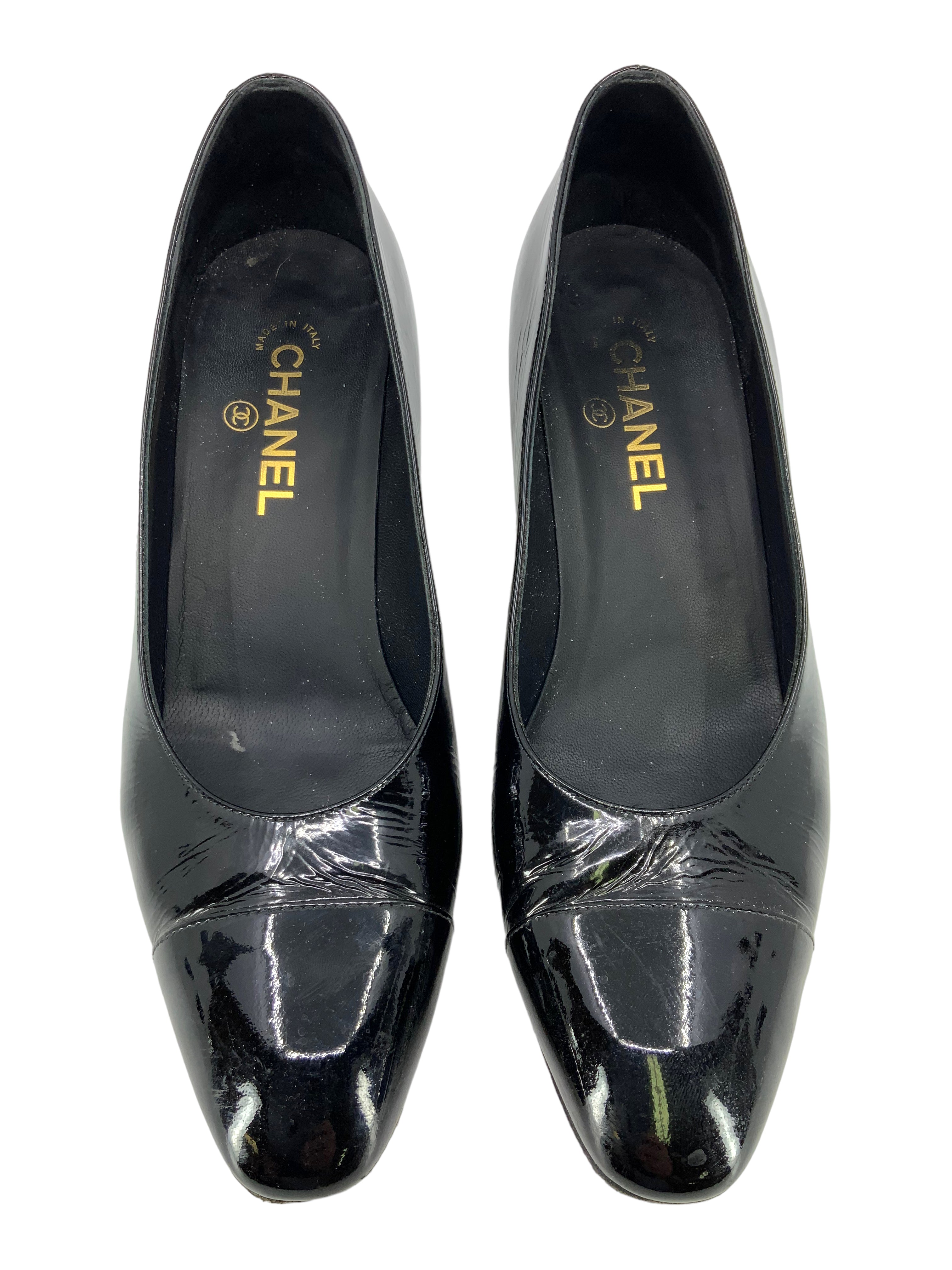 CHANEL 16P Patent Leather Metal CC Logo Heel Pumps Size 10