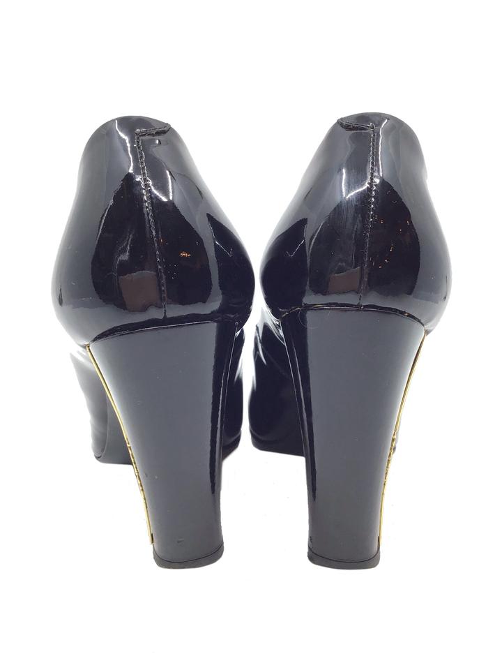 Chanel Patent Leather Metal Logo Heel Pumps Size 7.5