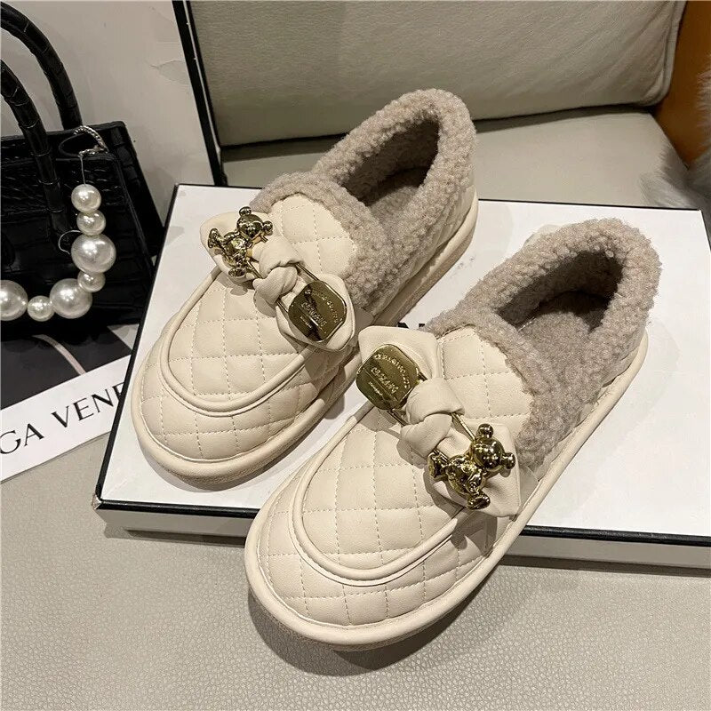 Copy of nWinter Retro Slip On New Lace-Up Rubber Flock Leisure Shoes Woman Flats Round Toe