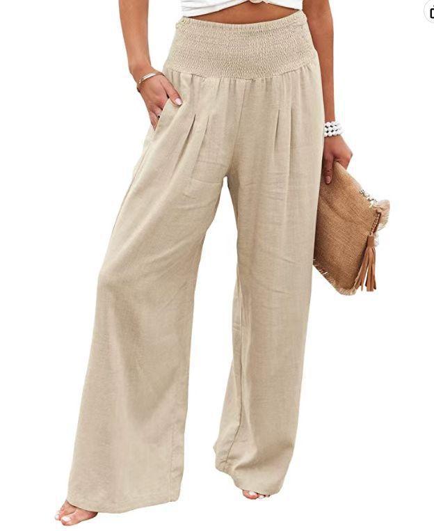 Cotton Linen Color Elastic Waist Wide Leg Pants