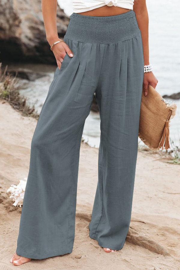 Cotton Linen Color Elastic Waist Wide Leg Pants