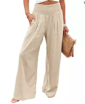 Cotton Linen Color Elastic Waist Wide Leg Pants