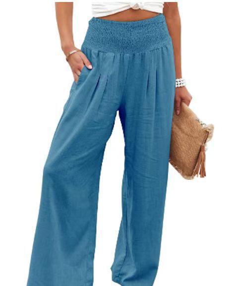 Cotton Linen Color Elastic Waist Wide Leg Pants