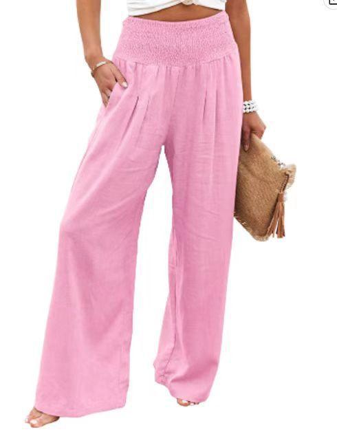 Cotton Linen Color Elastic Waist Wide Leg Pants