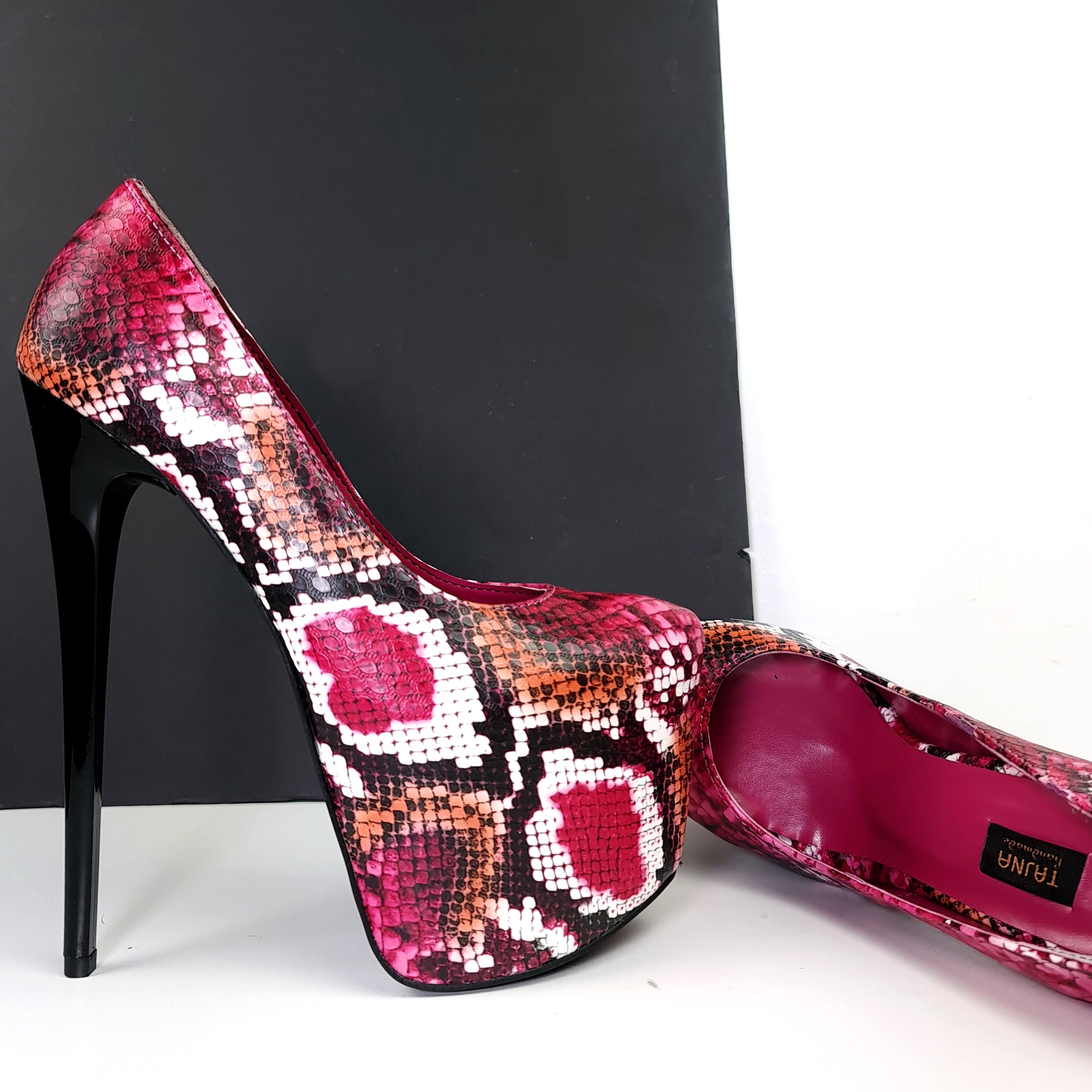 Dark Pink Orange Snake Print High Heel Pumps