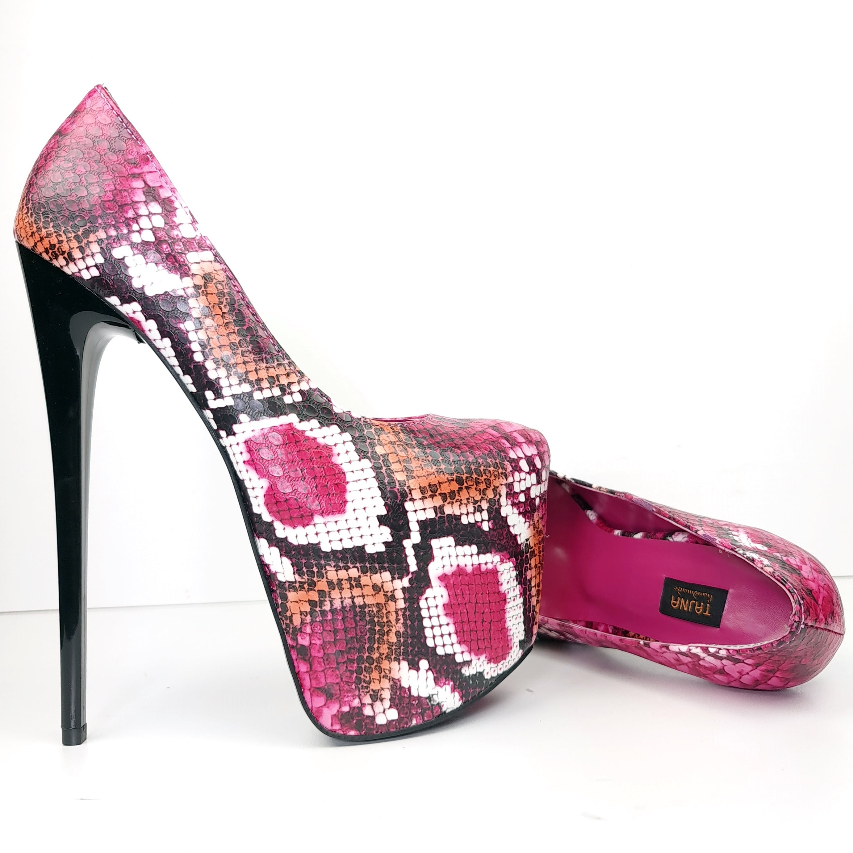 Dark Pink Orange Snake Print High Heel Pumps