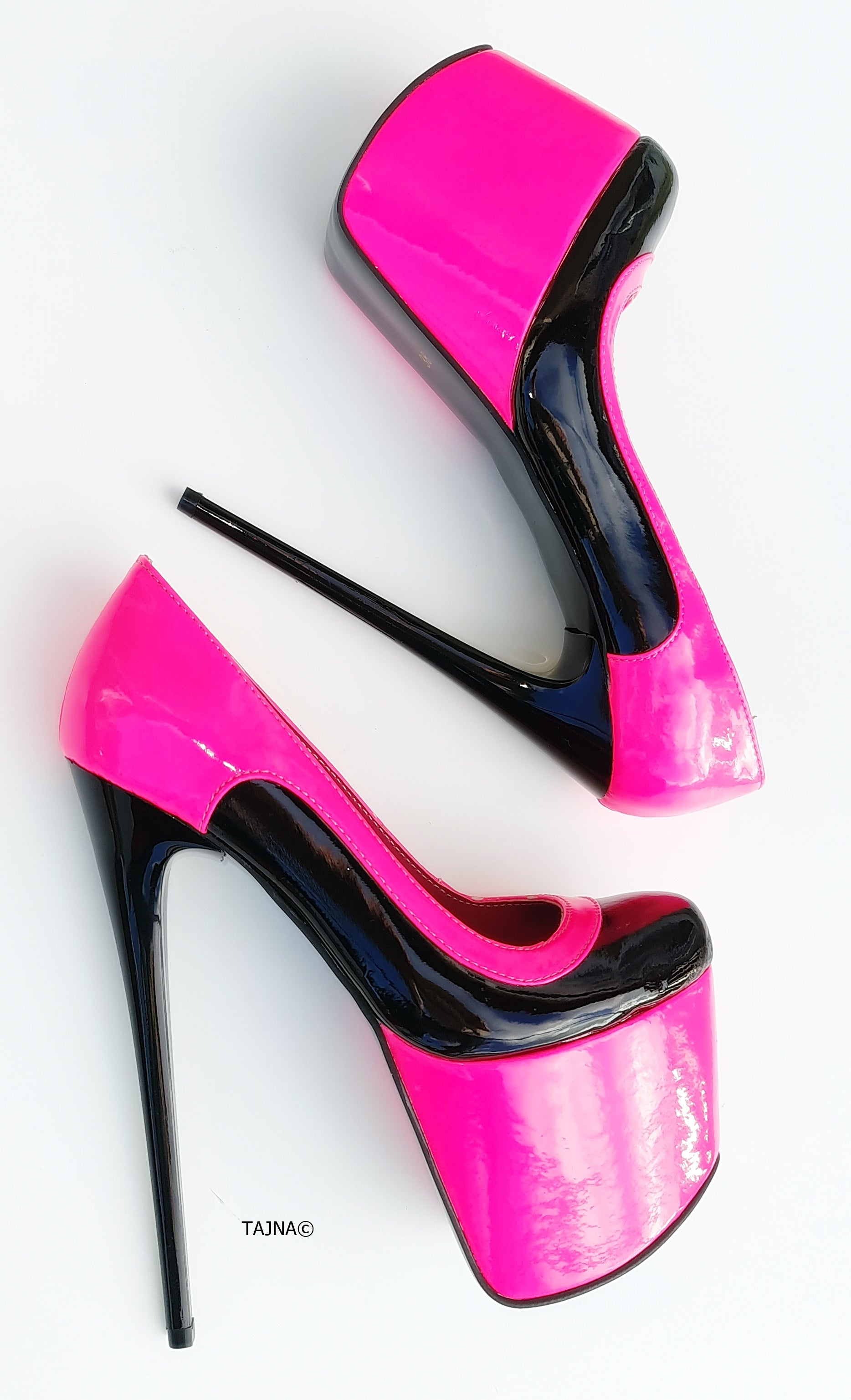 Double Neon Pink Black Gloss High Heel Pumps