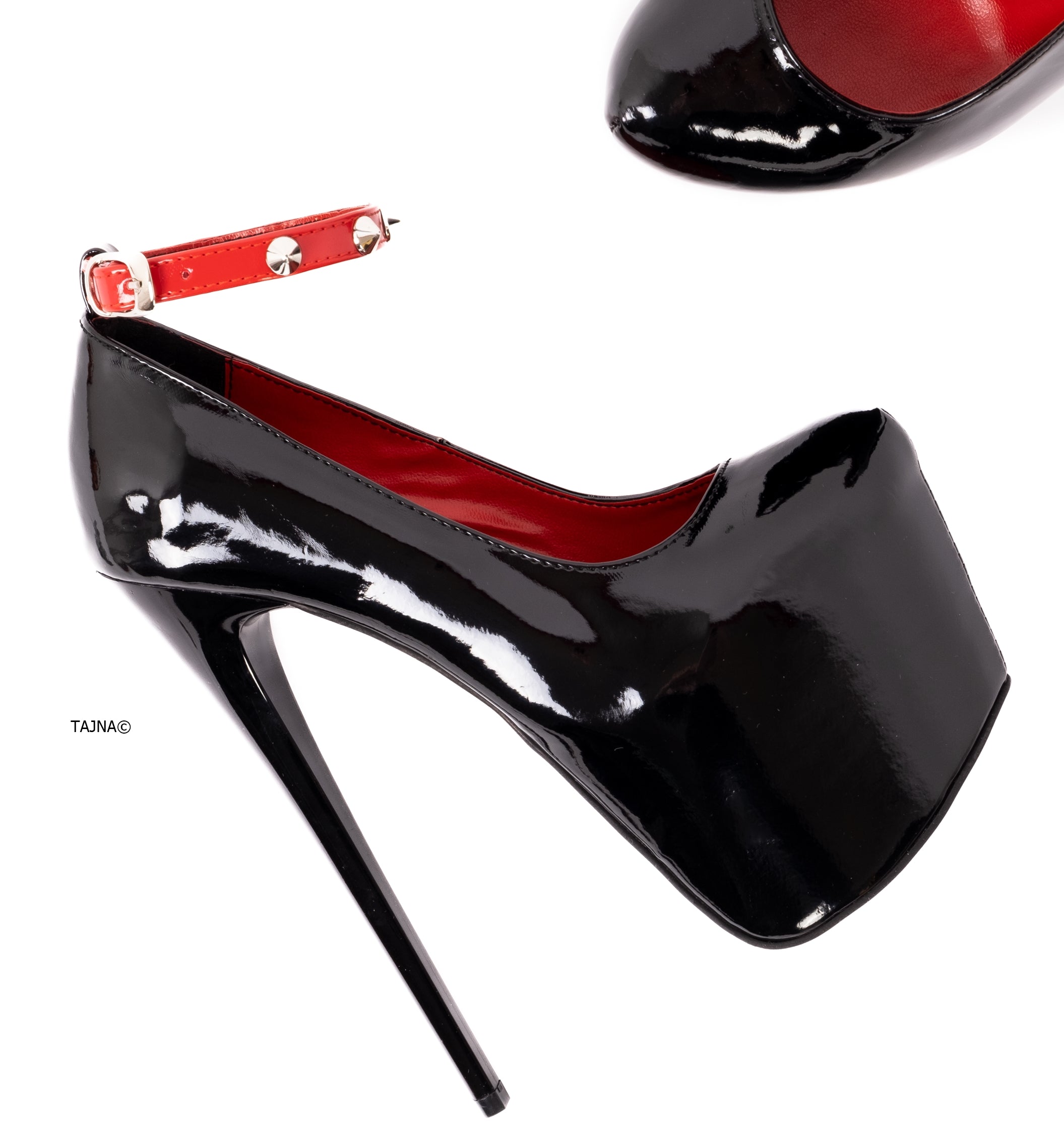 Extra Triple Strap Black Gloss High Heel Pumps