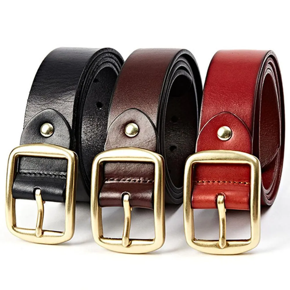 Fashion Men's Solid 3.8cm Width Cow Leather Brass Metal Pin Buckle Belt