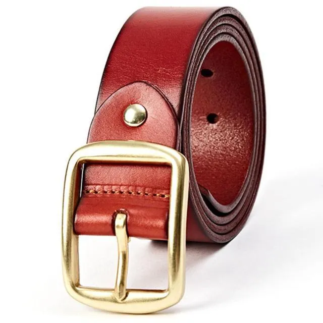 Fashion Men's Solid 3.8cm Width Cow Leather Brass Metal Pin Buckle Belt