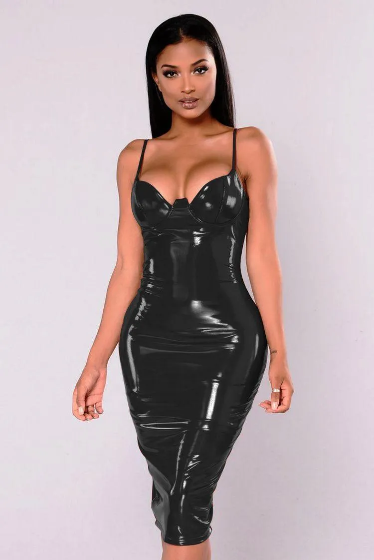 Faux Leather High Waist Push Up Bra Midi Dress