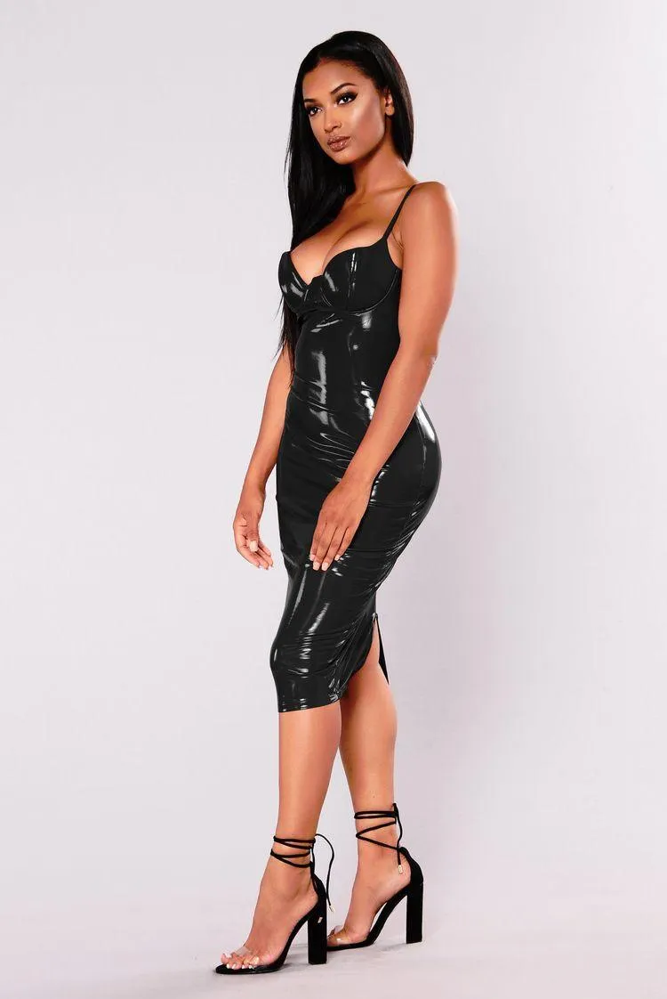 Faux Leather High Waist Push Up Bra Midi Dress