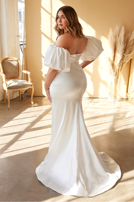 FITTED SATIN STRAPLESS GOWN WITH PUFF SLEEVES