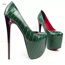 Green Croco Red Detail High Heel Pumps