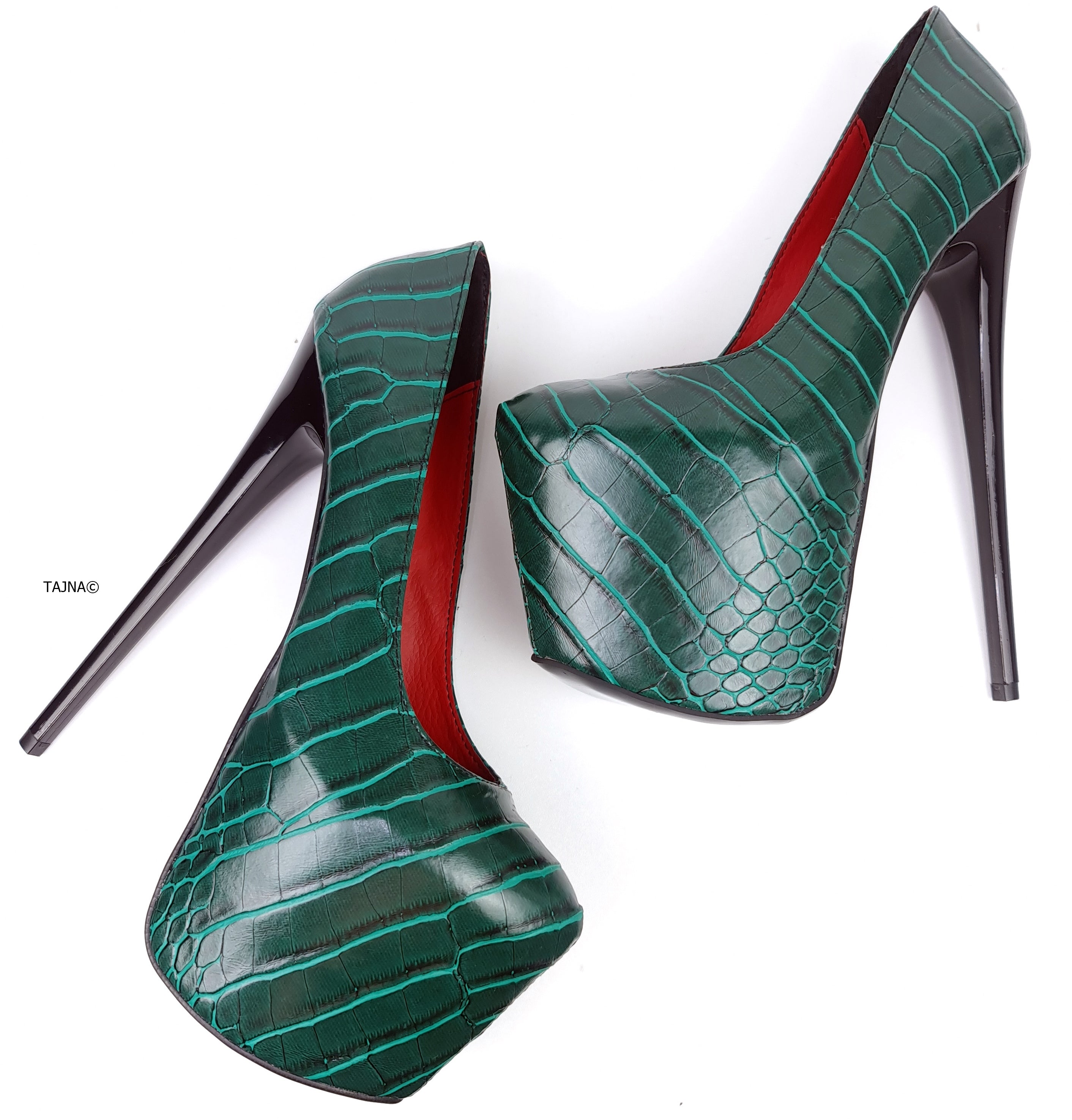 Green Croco Red Detail High Heel Pumps