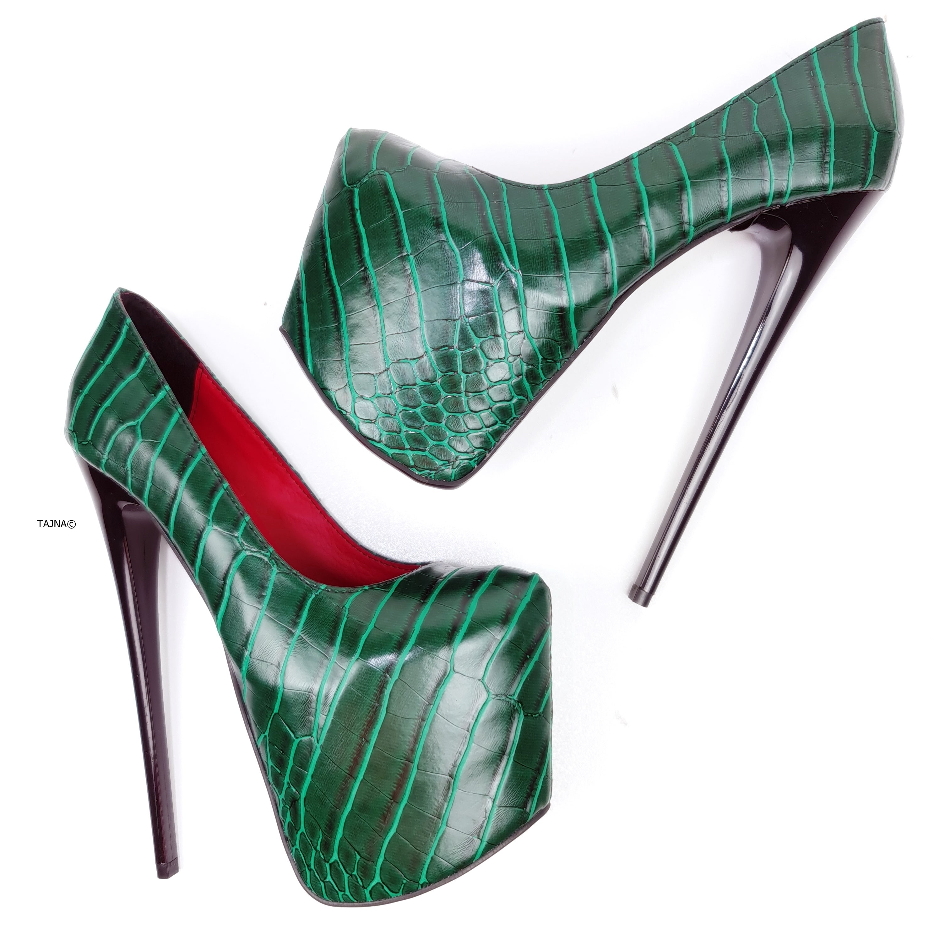 Green Croco Red Detail High Heel Pumps