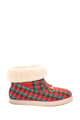 Gucci Red/Green Houndstooth Print Shearling Trim Boots with Horsebit Size 35