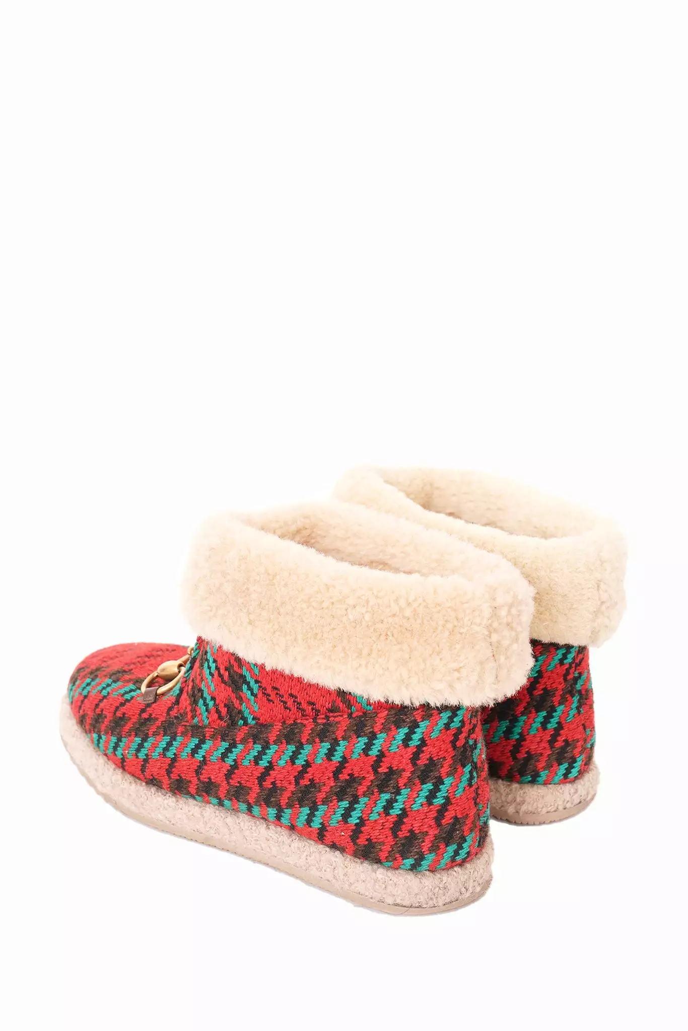 Gucci Red/Green Houndstooth Print Shearling Trim Boots with Horsebit Size 35