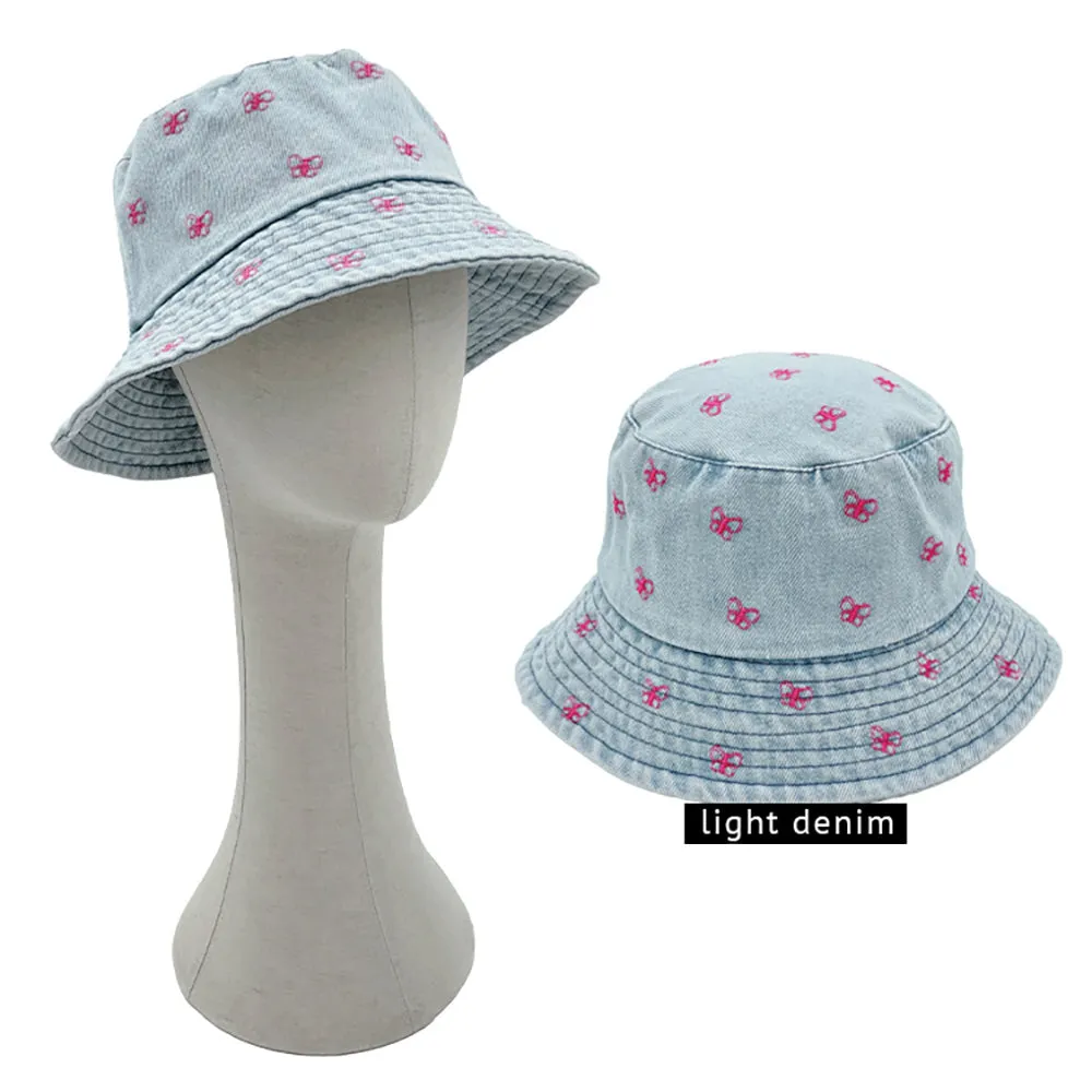 iLLASPARKZ Embroidered Butterfly Light Denim Bucket Hat