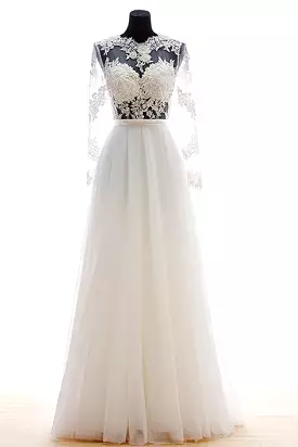 Illusion Long Sheer Sleeves Appliques Pleat Beach Wedding Dresses