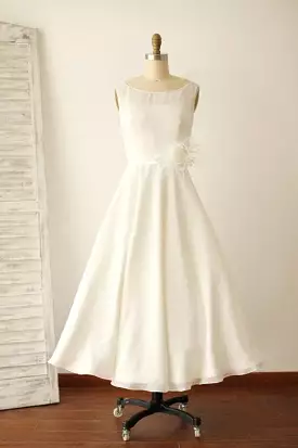 Ivory Sleeveless Illusion Boat Neck Tea Length Beach Wedding Gowns