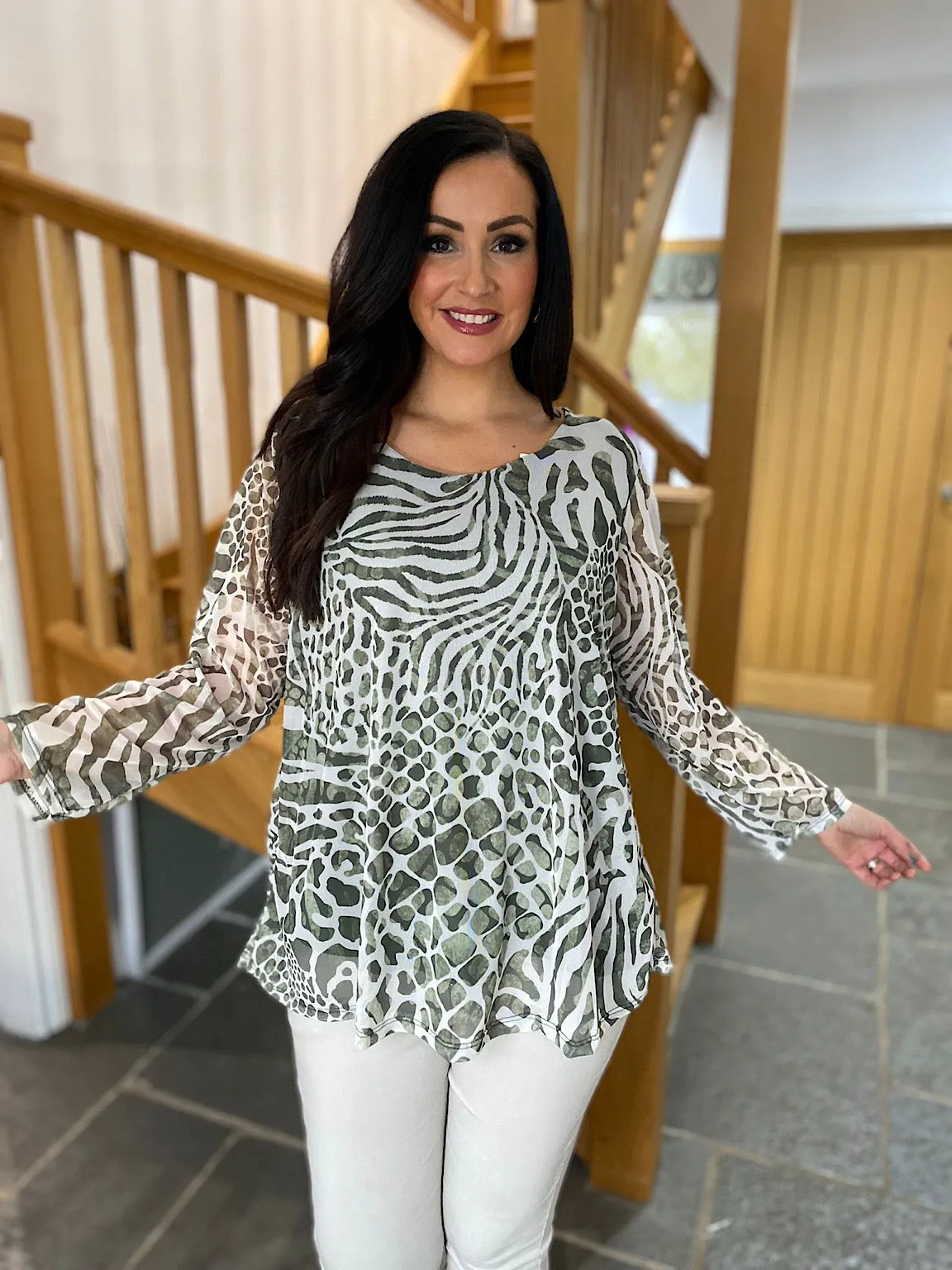 Khaki Multi Animal Print Mesh Blouse Gina