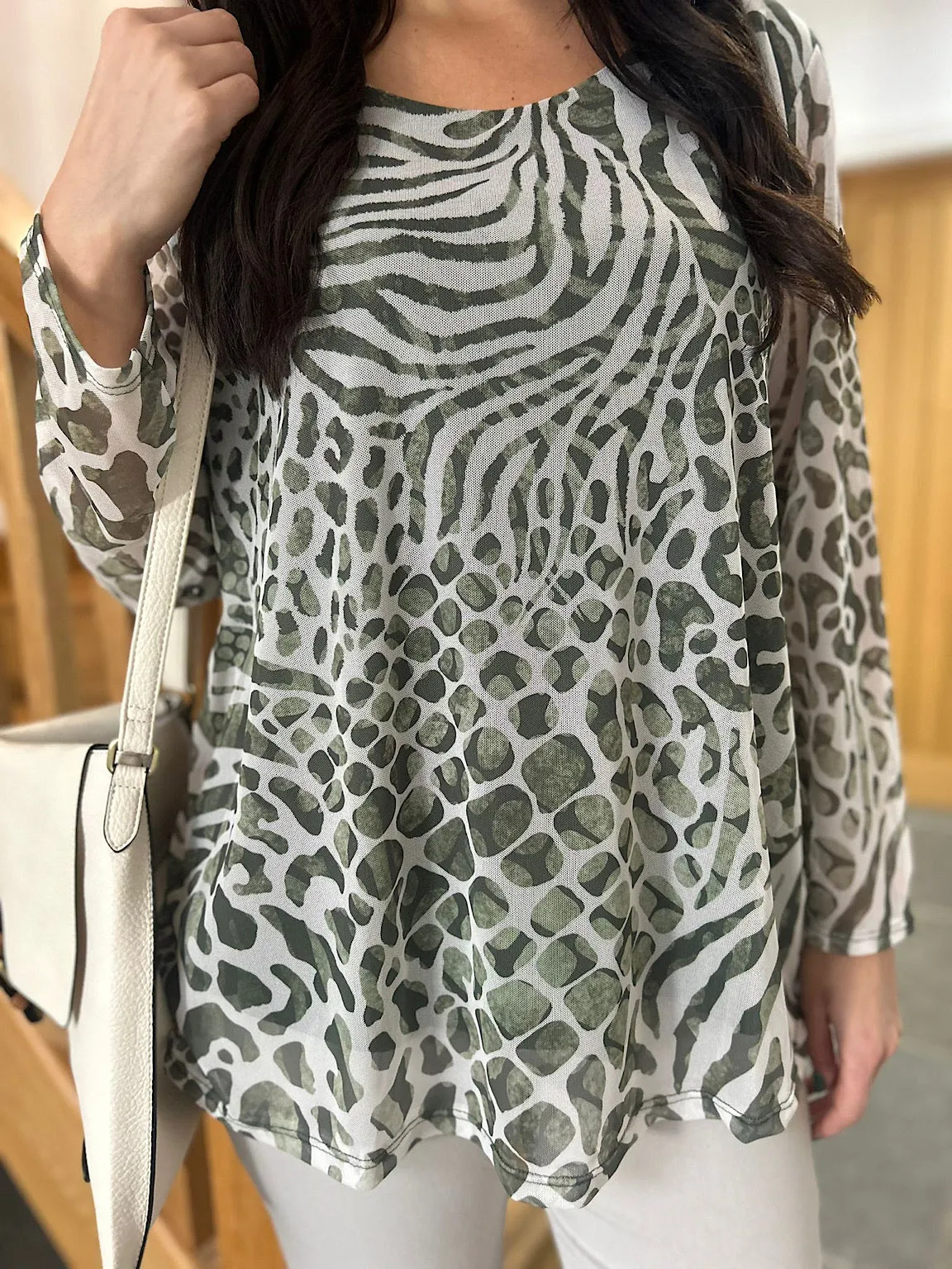 Khaki Multi Animal Print Mesh Blouse Gina