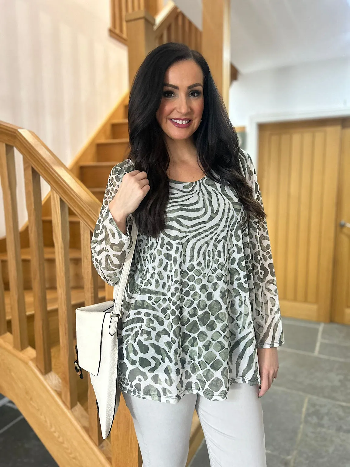 Khaki Multi Animal Print Mesh Blouse Gina