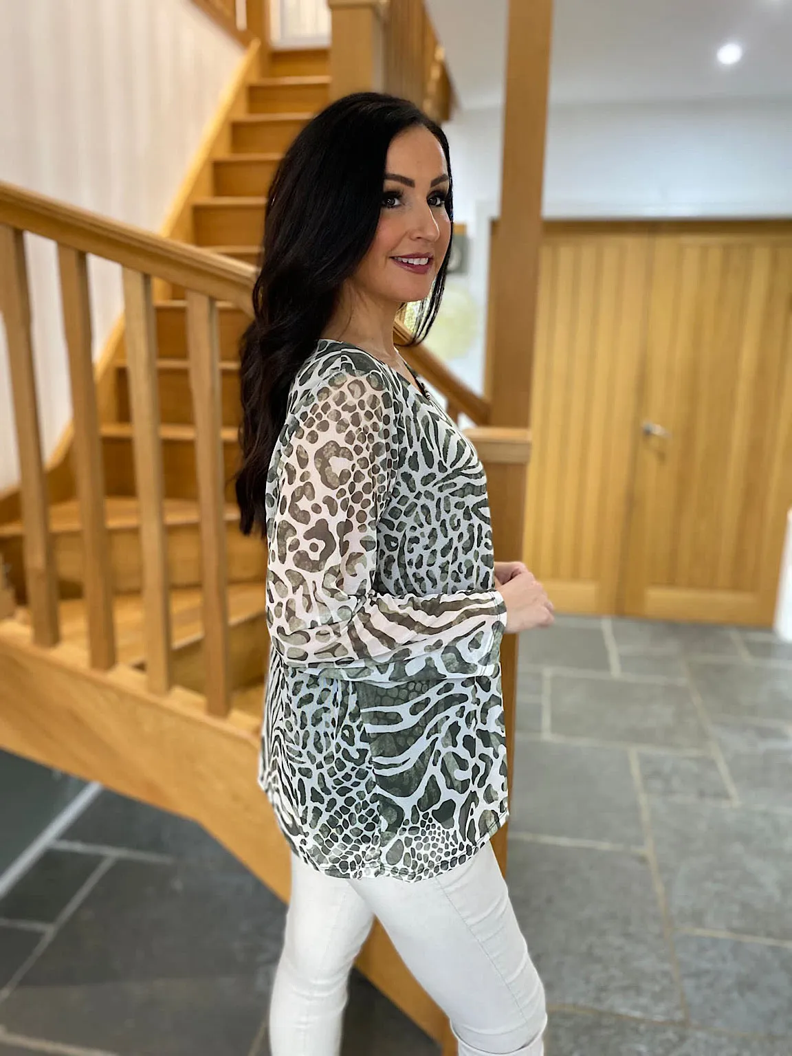 Khaki Multi Animal Print Mesh Blouse Gina